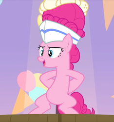 Size: 650x693 | Tagged: safe, screencap, character:pinkie pie, species:earth pony, species:pony, episode:sundae sundae sundae, bipedal, clothing, cropped, curtains, female, hat, hooves behind back, mare, open mouth, solo