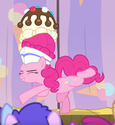Size: 588x641 | Tagged: safe, screencap, character:pinkie pie, species:earth pony, species:pony, episode:sundae sundae sundae, clothing, cropped, curtains, eyes closed, female, food, hat, ice cream, mare, raised hoof, raised leg, smiling, solo focus, standing, standing on one leg, throwing