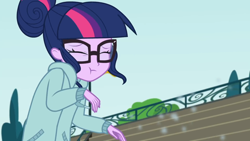 Size: 1920x1080 | Tagged: safe, screencap, character:twilight sparkle, character:twilight sparkle (scitwi), species:eqg human, episode:stressed in show, g4, my little pony:equestria girls, :t, implied rainbow dash, implied running, particles, solo, stressed in show: rainbow dash
