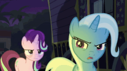 Size: 1280x720 | Tagged: safe, screencap, character:starlight glimmer, character:trixie, species:pony, species:unicorn, episode:on the road to friendship, angry, animated, argument, dubbing, french, night, somnambula (location), sound, trixie's wagon, webm
