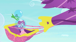 Size: 1920x1080 | Tagged: safe, official, screencap, character:gummy, character:pinkie pie, species:earth pony, species:pony, season 9, alligator, bubble, duo, female, hot air balloon, male, mare, twinkling balloon
