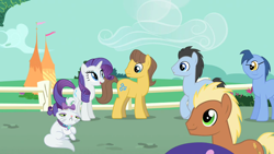 Size: 1280x720 | Tagged: safe, screencap, character:blues, character:caramel, character:lucky clover, character:meadow song, character:noteworthy, character:opalescence, character:rarity, species:earth pony, species:pony, species:unicorn, episode:the best night ever, g4, my little pony: friendship is magic, animation error, cat, cyclops, cyclops pony, donny swineclop, female, male, mare, stallion