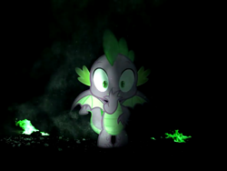 Size: 960x720 | Tagged: safe, screencap, character:spike, species:dragon, season 9, black background, fire, green fire, hand over mouth, male, simple background, tail, winged spike, wings