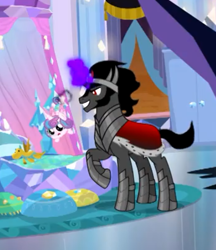 Size: 347x401 | Tagged: safe, screencap, character:king sombra, character:princess flurry heart, species:alicorn, species:pony, species:unicorn, episode:the beginning of the end, g4, my little pony: friendship is magic, season 9, baby, baby pony, back, cropped, dark magic, duo, evil grin, female, filly, foal, foalnapping, glowing horn, grin, how, impossible, kidnapped, magic, male, pure evil, raised hoof, smiling, stallion, telekinesis, toy, why