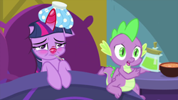 Size: 1280x720 | Tagged: safe, screencap, character:spike, character:twilight sparkle, character:twilight sparkle (alicorn), species:alicorn, species:dragon, species:pony, episode:ail-icorn, bed, claws, duo, female, food, ice pack, male, mare, sick, soup, swollen horn, thermometer, winged spike