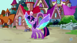 Size: 1280x720 | Tagged: safe, screencap, character:twilight sparkle, character:twilight sparkle (alicorn), species:alicorn, species:pony, friendship is magic: rainbow roadtrip, g4, my little pony: friendship is magic, animated, colored wings, female, mare, movie accurate, multicolored wings, my little pony logo, no sound, rainbow wings, solo, spread wings, webm, wing bling, wings