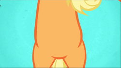 Size: 1668x940 | Tagged: safe, screencap, character:applejack, species:earth pony, species:pony, episode:applejack's day off, belly, bipedal, blue background, close-up, crotch, featureless crotch, female, hind legs, mare, out of context, pictures of bellies, simple background, solo