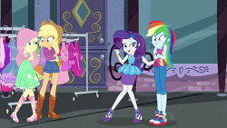 Size: 1920x1080 | Tagged: safe, screencap, character:applejack, character:fluttershy, character:rainbow dash, character:rarity, episode:street chic, g4, my little pony:equestria girls, applejack's hat, bare shoulders, clothing, cold, converse, cowboy hat, dress, female, freezing, geode of fauna, geode of super speed, geode of super strength, hat, magical geodes, shivering, shoes, sleeveless, sneakers, stetson, strapless, tank top