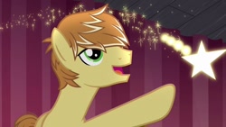 Size: 1280x720 | Tagged: safe, screencap, character:feather bangs, species:earth pony, species:pony, episode:hard to say anything, g4, my little pony: friendship is magic, male, shooting star, smiling, solo