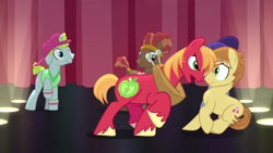 Size: 1280x720 | Tagged: safe, screencap, character:big mcintosh, character:feather bangs, species:earth pony, species:pony, episode:hard to say anything, g4, my little pony: friendship is magic, afro, angry, backup dancers, backwards ballcap, baseball cap, battle for sugar belle, cap, clothing, confrontation, cutie mark, dancing, death stare, glamor trot, hat, hooves, interrupted, lighting, lightning, male, rivalry, shirt, smooth vibes, song, stage, stallion, stare down, stereo mix