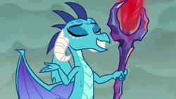 Size: 1024x576 | Tagged: safe, screencap, character:princess ember, episode:gauntlet of fire, g4, my little pony: friendship is magic, bloodstone scepter, dragon lord ember, eyes closed, solo