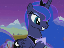 Size: 944x720 | Tagged: safe, screencap, character:princess luna, species:alicorn, species:pony, episode:twilight's kingdom, g4, my little pony: friendship is magic, balcony, beautiful, cropped, crystal empire, cute, female, happy, hoof shoes, lunabetes, mare, night, peytral, raised hoof, smiling, solo, you'll play your part