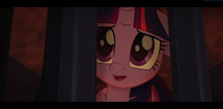 Size: 1920x938 | Tagged: safe, screencap, character:twilight sparkle, character:twilight sparkle (alicorn), species:alicorn, species:pony, my little pony: the movie (2017), cage, female, floppy ears, mare, open mouth, prison, sad, sad eyes, solo