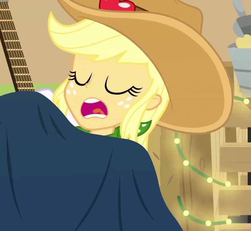 Size: 800x736 | Tagged: safe, screencap, character:applejack, episode:five to nine, g4, my little pony:equestria girls, animated, blanket, clothing, cowboy hat, cropped, cute, eyes closed, gif, guitar, hat, jackabetes, open mouth, sleeping, snuggling, solo