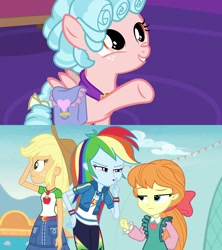 Size: 1920x2160 | Tagged: safe, screencap, character:applejack, character:cozy glow, character:megan williams, character:rainbow dash, species:pegasus, species:pony, episode:school raze, equestria girls:rollercoaster of friendship, g1, g4, my little pony: friendship is magic, my little pony:equestria girls, comparison, female, filly, g1 to equestria girls, generation leap, geode of super speed, geode of super strength, magical geodes, saddle bag