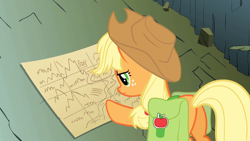 Size: 1920x1080 | Tagged: safe, screencap, character:applejack, species:pony, episode:dragonshy, g4, my little pony: friendship is magic, applejack's hat, clothing, cowboy hat, dragon mountain, female, freckles, hat, looking down, map, mare, mountain, plot, saddle bag, serious, serious face, solo, stetson