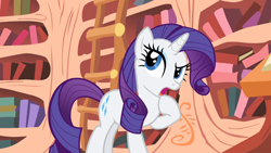 Size: 1920x1080 | Tagged: safe, screencap, character:rarity, species:pony, species:unicorn, episode:look before you sleep, g4, my little pony: friendship is magic, animation error, beautiful, book, bookshelf, cutie mark, female, golden oaks library, ladder, looking up, mare, raised eyebrow, raised hoof, solo, thinking