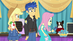Size: 1920x1080 | Tagged: safe, screencap, character:applejack, character:flash sentry, character:fluttershy, species:dog, episode:best in show: the pre-show, g4, my little pony:equestria girls, banana (dog), clothing, confused, cowboy hat, denim skirt, dress, female, freckles, frown, hat, hoodie, male, microphone, open mouth, skirt, smiling, stetson