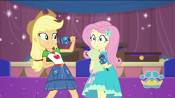 Size: 1920x1080 | Tagged: safe, screencap, character:applejack, character:fluttershy, episode:best in show: the pre-show, g4, my little pony:equestria girls, microphone