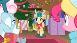 Size: 1136x640 | Tagged: safe, screencap, character:alice, character:aurora, character:pinkie pie, species:deer, species:pony, species:reindeer, episode:best gift ever, g4, my little pony: friendship is magic, needs more jpeg, present, tree