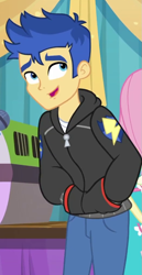 Size: 525x1019 | Tagged: safe, screencap, character:flash sentry, character:fluttershy, episode:best in show: the pre-show, g4, my little pony:equestria girls, clothing, cropped, hands in pockets, hoodie, male, microphone, offscreen character, smiling