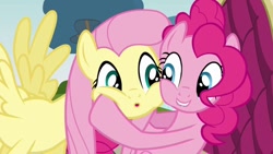 Size: 640x360 | Tagged: safe, screencap, character:fluttershy, character:pinkie pie, species:pony, episode:too many pinkie pies, g4, my little pony: friendship is magic, cheek to cheek, hooves on cheeks, squishy cheeks