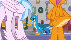 Size: 1136x640 | Tagged: safe, screencap, character:gallus, character:silverstream, character:smolder, species:dragon, species:griffon, species:hippogriff, episode:the hearth's warming club, g4, my little pony: friendship is magic, behind, butt, plot, sad, smolderriere, streambutt