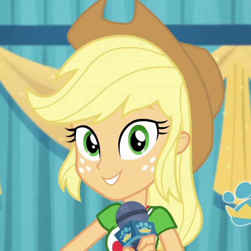Size: 800x800 | Tagged: safe, screencap, character:applejack, episode:best in show: the pre-show, g4, my little pony:equestria girls, animated, applejack's hat, clothing, cowboy hat, cropped, cute, freckles, geode of super strength, gif, hat, jackabetes, magical geodes, microphone, yeehaw