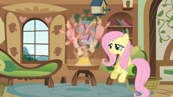 Size: 1920x1080 | Tagged: safe, screencap, character:fluttershy, character:philomena, species:phoenix, species:pony, episode:a bird in the hoof, g4, my little pony: friendship is magic, adorable face, confident, cute, duo, eating, female, fluttershy's cottage, hungry, mare, sitting, smiling, smirk