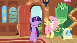 Size: 1920x1080 | Tagged: safe, screencap, character:fluttershy, character:twilight sparkle, species:pony, episode:a bird in the hoof, g4, my little pony: friendship is magic, cute, duo, fluttershy's cottage, startled, surprised