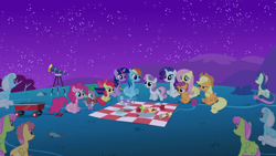 Size: 1920x1080 | Tagged: safe, screencap, character:apple bloom, character:applejack, character:bon bon, character:dizzy twister, character:fluttershy, character:linky, character:merry may, character:orange swirl, character:pinkie pie, character:rainbow dash, character:rarity, character:scootaloo, character:shoeshine, character:spike, character:sweetie belle, character:sweetie drops, character:twilight sparkle, character:twilight sparkle (unicorn), species:dragon, species:earth pony, species:pegasus, species:pony, species:unicorn, episode:owl's well that ends well, g4, my little pony: friendship is magic, apple, background pony, banana, bow tie, bowl, clones, cutie mark crusaders, female, food, male, mane seven, mane six, mare, night, picnic blanket, scroll, sitting, starry night, telescope