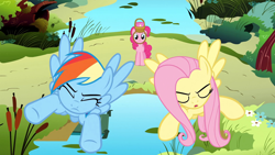 Size: 1920x1080 | Tagged: safe, screencap, character:fluttershy, character:pinkie pie, character:rainbow dash, species:pony, episode:party of one, g4, my little pony: friendship is magic, eyes closed, flying