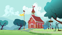 Size: 1920x1080 | Tagged: safe, screencap, episode:party of one, g4, my little pony: friendship is magic, background, bell, bush, flag, flagpole, no pony, partly cloudy, ponyville schoolhouse, school, swing set, tree