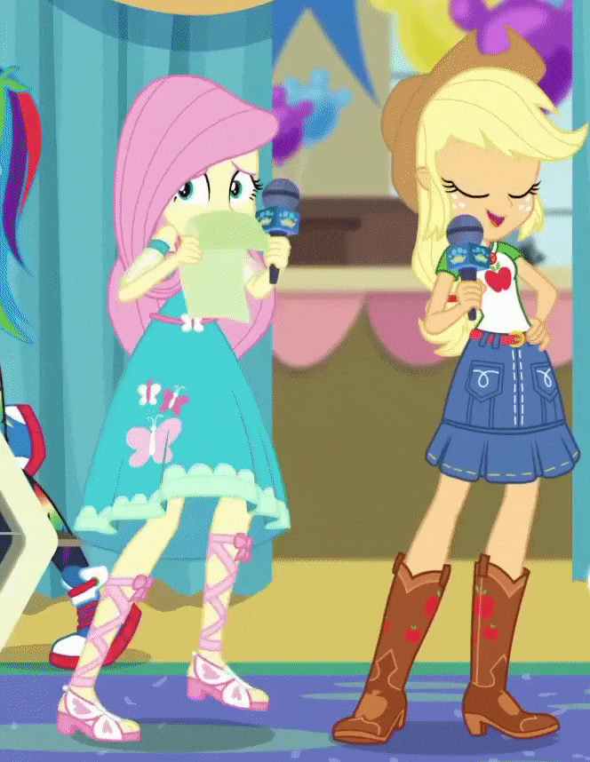 Size: 664x858 | Tagged: safe, screencap, character:applejack, character:fluttershy, episode:best in show: the pre-show, g4, my little pony:equestria girls, animated, cropped, geode of super strength, magical geodes, microphone, offscreen character