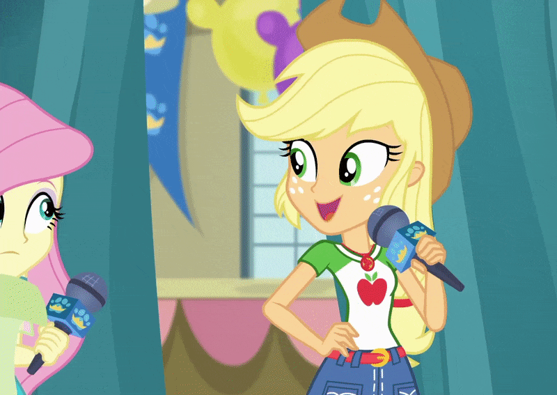 Size: 800x567 | Tagged: safe, screencap, character:applejack, character:fluttershy, episode:best in show: the pre-show, g4, my little pony:equestria girls, animated, cropped, geode of fauna, geode of super strength, grin, magical geodes, microphone, smiling