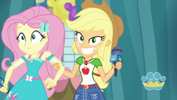 Size: 1920x1080 | Tagged: safe, screencap, character:applejack, character:fluttershy, episode:best in show: the pre-show, g4, my little pony:equestria girls, best in show logo, geode of fauna, geode of super strength, magical geodes, microphone
