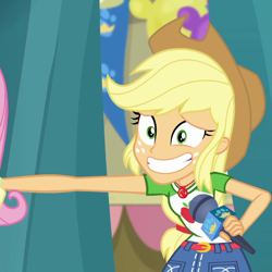 Size: 1078x1079 | Tagged: safe, screencap, character:applejack, character:fluttershy, episode:best in show: the pre-show, g4, my little pony:equestria girls, cropped, geode of super strength, magical geodes, microphone, offscreen character