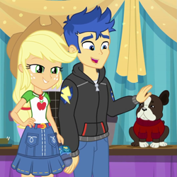Size: 1077x1077 | Tagged: safe, screencap, character:applejack, character:flash sentry, species:dog, episode:best in show: the pre-show, g4, my little pony:equestria girls, banana (dog), boston terrier, clothing, cropped, denim skirt, geode of super strength, magical geodes, microphone, petting, skirt