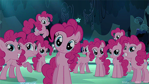 Size: 500x281 | Tagged: safe, screencap, character:pinkie pie, species:earth pony, species:pony, episode:too many pinkie pies, g4, my little pony: friendship is magic, animated, clone, female, mare, pinkie clone