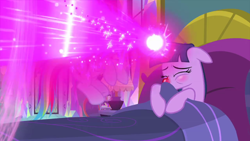 Size: 1280x720 | Tagged: safe, screencap, character:rainbow dash, character:twilight sparkle, character:twilight sparkle (alicorn), species:alicorn, species:pegasus, species:pony, episode:ail-icorn, bed, blast, duo, female, glowing horn, magic, magic blast, mare, red nosed, sicklight sparkle, sneezing, sparkles