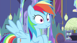 Size: 1280x720 | Tagged: safe, screencap, character:rainbow dash, species:pegasus, species:pony, episode:ail-icorn, dashie mcboing boing, female, lyrebird dash, mare, scrunchy face, solo