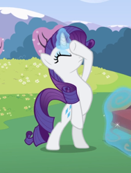 Size: 548x726 | Tagged: safe, screencap, character:rarity, species:pony, species:unicorn, episode:lesson zero, g4, my little pony: friendship is magic, bipedal, cropped, drama queen, eyes closed, female, glowing horn, hoof on head, magic, mare, raised hoof, solo, telekinesis