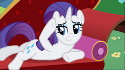 Size: 1667x939 | Tagged: safe, screencap, character:rarity, species:pony, species:unicorn, episode:lesson zero, g4, my little pony: friendship is magic, fainting couch, female, hoof on head, lidded eyes, lying down, mare, smiling, solo