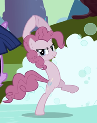 Size: 561x711 | Tagged: safe, screencap, character:pinkie pie, species:earth pony, species:pony, episode:the return of harmony, g4, my little pony: friendship is magic, bipedal, cropped, discorded, female, mare, skating, smiling, soap roads, solo focus, suds