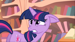 Size: 1668x940 | Tagged: safe, screencap, character:twilight sparkle, character:twilight sparkle (unicorn), species:pony, species:unicorn, episode:the return of harmony, g4, my little pony: friendship is magic, angry, bookshelf, female, floppy ears, golden oaks library, gritted teeth, mare, plot, solo, twilight is not amused, unamused