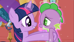 Size: 1668x938 | Tagged: safe, screencap, character:spike, character:twilight sparkle, character:twilight sparkle (unicorn), species:dragon, species:pony, species:unicorn, episode:the return of harmony, g4, my little pony: friendship is magic, best friends, duo, female, glowing horn, golden oaks library, happy, magic, magic aura, male, mare, smiling, telescope