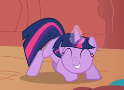 Size: 782x566 | Tagged: safe, screencap, character:twilight sparkle, character:twilight sparkle (unicorn), species:pony, species:unicorn, episode:the return of harmony, g4, my little pony: friendship is magic, cropped, crouching, cute, eyes closed, female, glowing horn, golden oaks library, smiling, solo, twiabetes