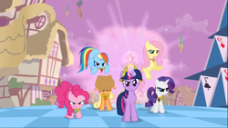 Size: 1668x938 | Tagged: safe, screencap, character:applejack, character:fluttershy, character:pinkie pie, character:rainbow dash, character:rarity, character:twilight sparkle, character:twilight sparkle (unicorn), species:earth pony, species:pegasus, species:pony, species:unicorn, episode:the return of harmony, g4, my little pony: friendship is magic, big crown thingy, chaos, discorded landscape, element of generosity, element of honesty, element of kindness, element of laughter, element of loyalty, element of magic, elements of harmony, eyes closed, female, glowing horn, group, jewelry, light, magic, mane six, mare, necklace, purple sky, regalia