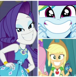 Size: 720x736 | Tagged: safe, screencap, character:applejack, character:rainbow dash, character:rarity, episode:best in show: the pre-show, episode:sic skateboard, episode:street chic, g4, my little pony:equestria girls, applejack's hat, big smile, clothing, cowboy hat, epic smile, eyeshadow, faec, female, geode of shielding, geode of super strength, happy, hat, lidded eyes, magical geodes, makeup, microphone, shit eating grin, smiling, trio, trio female, wide smile