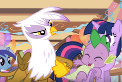 Size: 520x354 | Tagged: safe, screencap, character:gilda, character:merry may, character:minuette, character:spike, character:twilight sparkle, episode:griffon the brush-off, spikeabuse